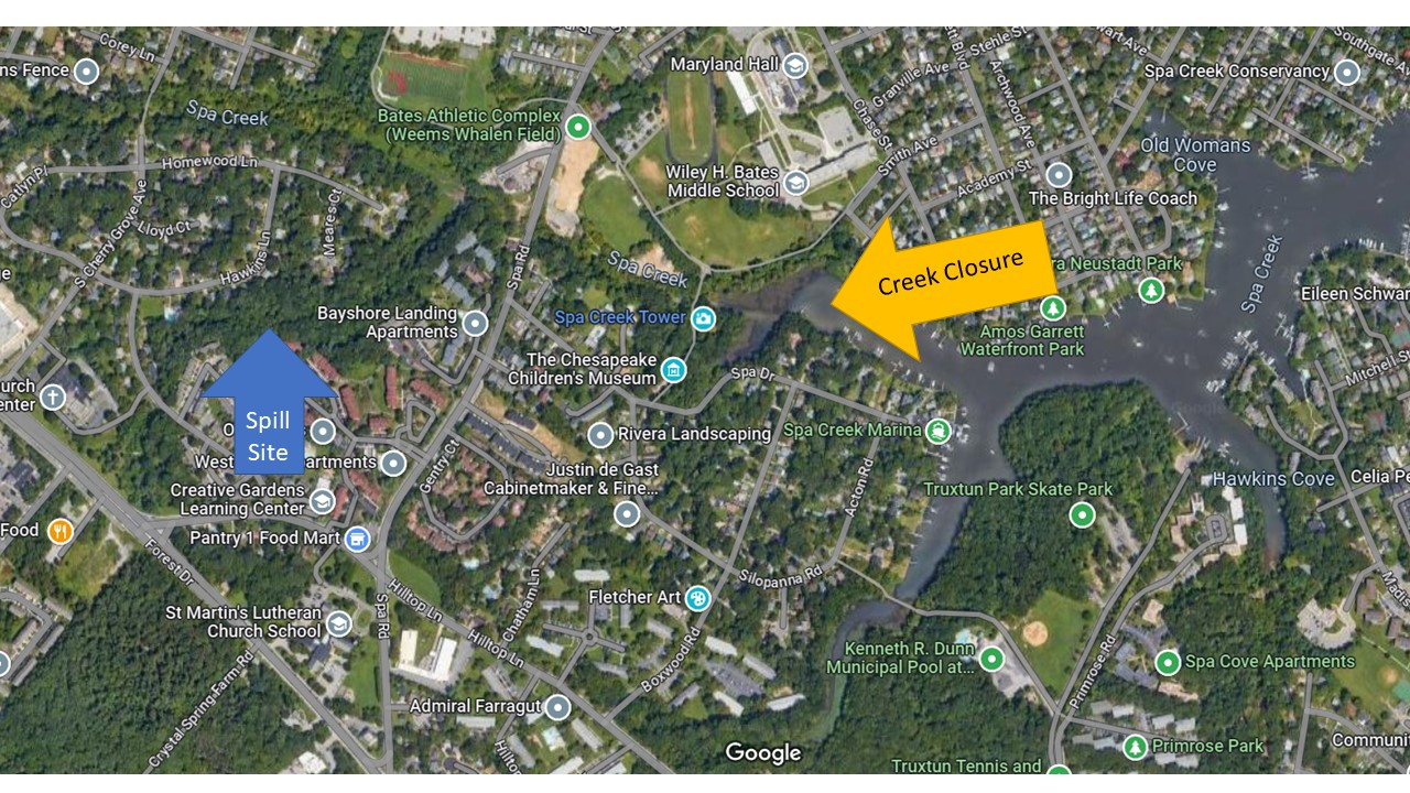 Map of sewage spill near Spa Creek in Annapolis, Maryland.