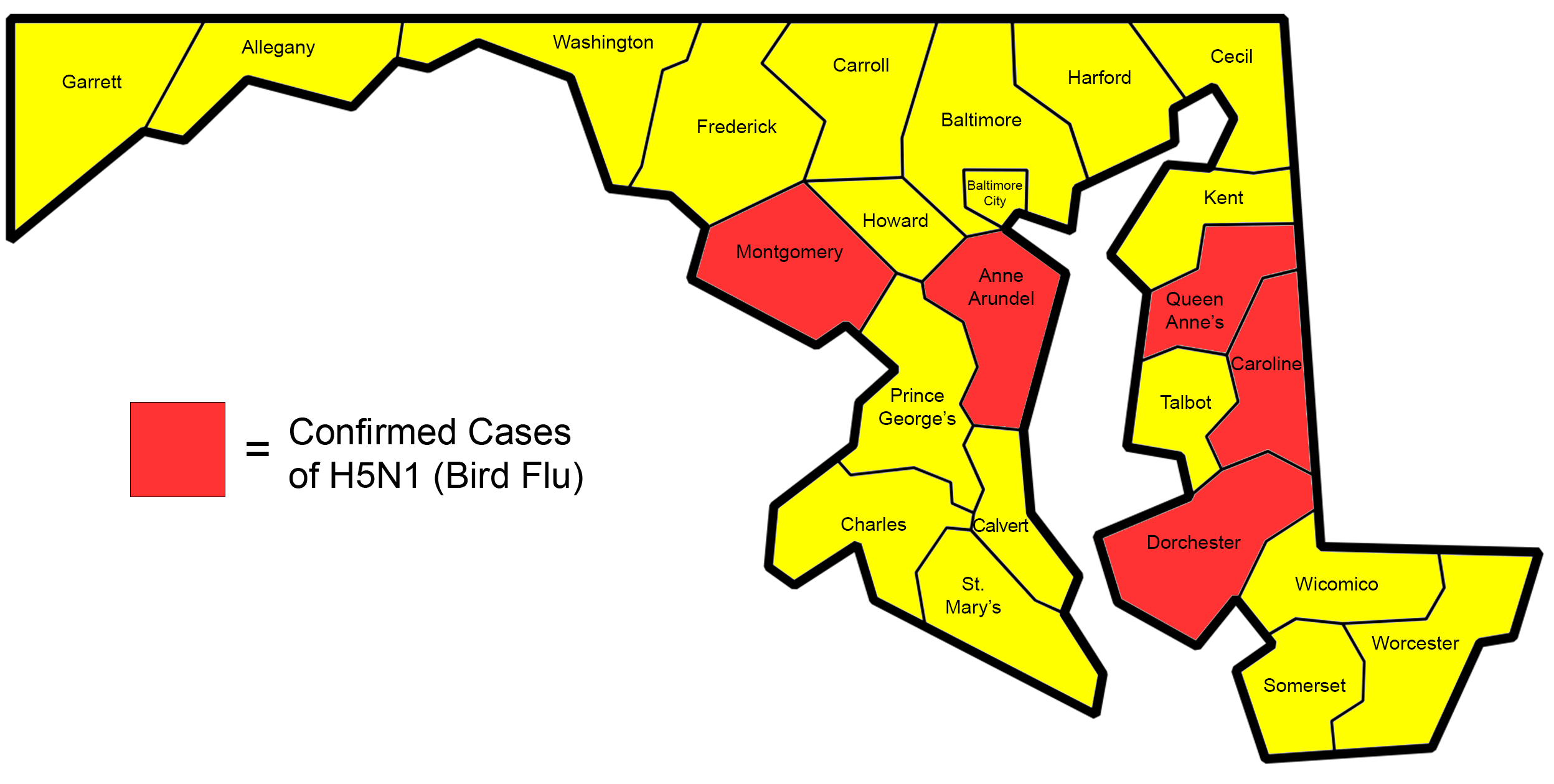 Map of confirmed H5N1 Cases in Maryland