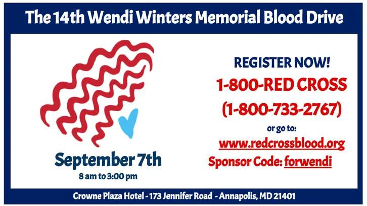 The 14th Wendi Winters Memorial Blood Drive, September 7th 8 a.m. to 3 p.m. Register Now!