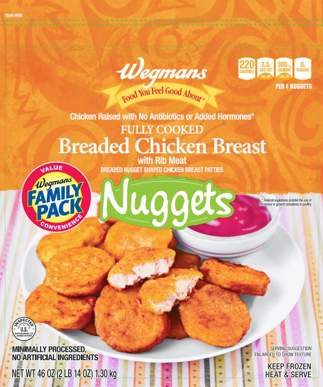 A bag of Wegmans Fully Cooked Breaded Chicken Breast Nuggets