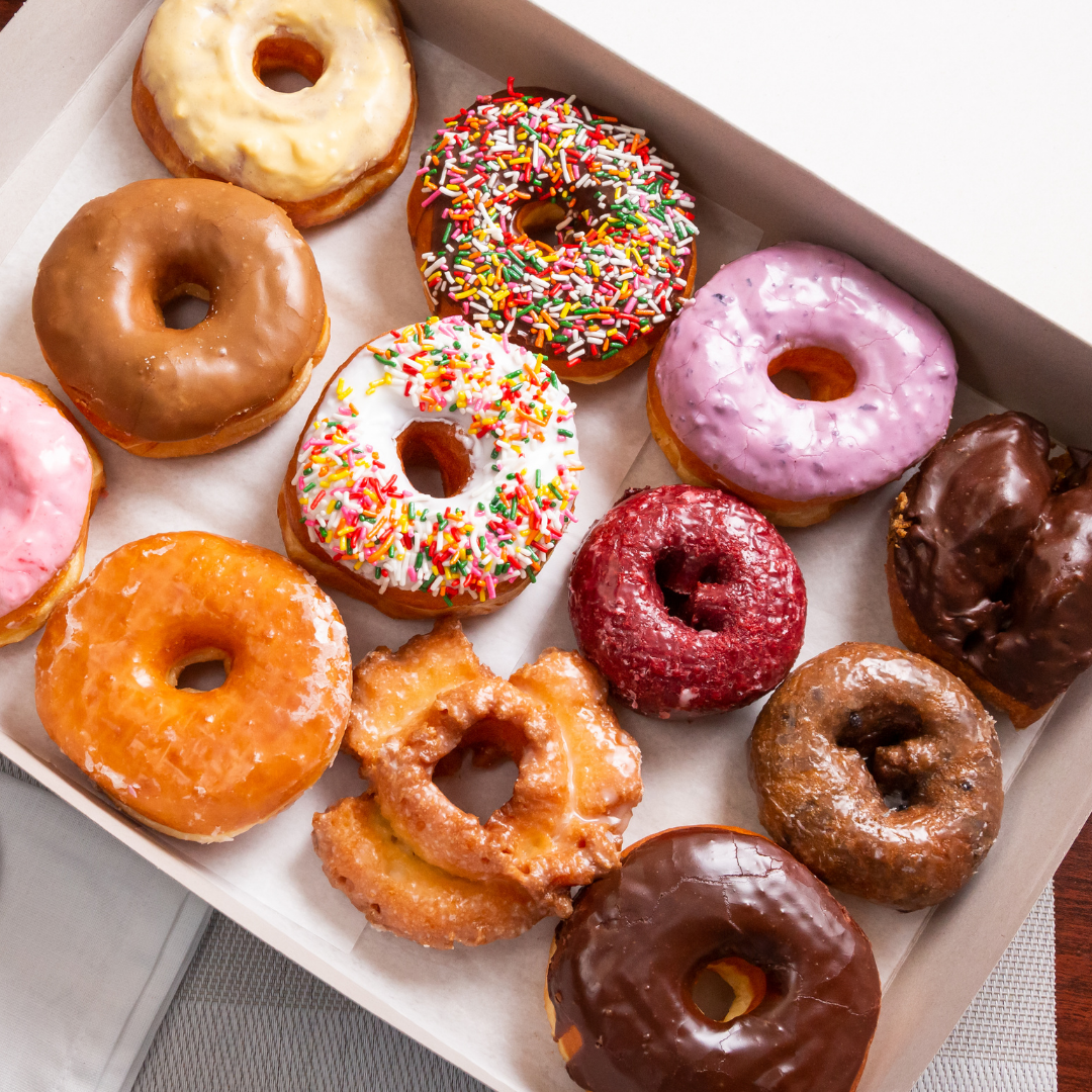 A box containing a dozen donuts