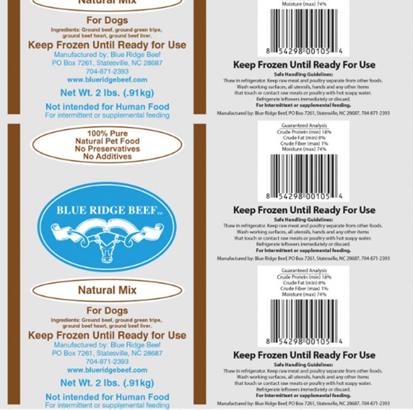 Blue Ridge Beef Natural Mix for dogs label